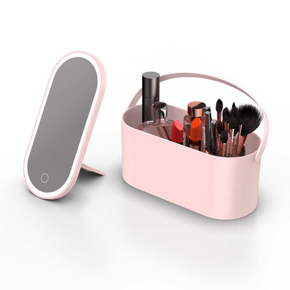 Makeup Storage Box with LED Light Mirror Portable Travel Makeup Cosmetics Storage Box Touch Light Storage Organizer